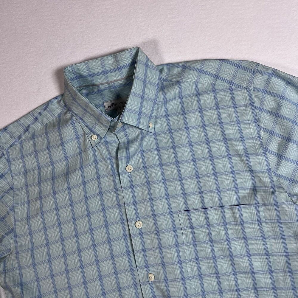 Peter Millar Mens S Blue Green Plaid Long Sleeve Button Down Shirt